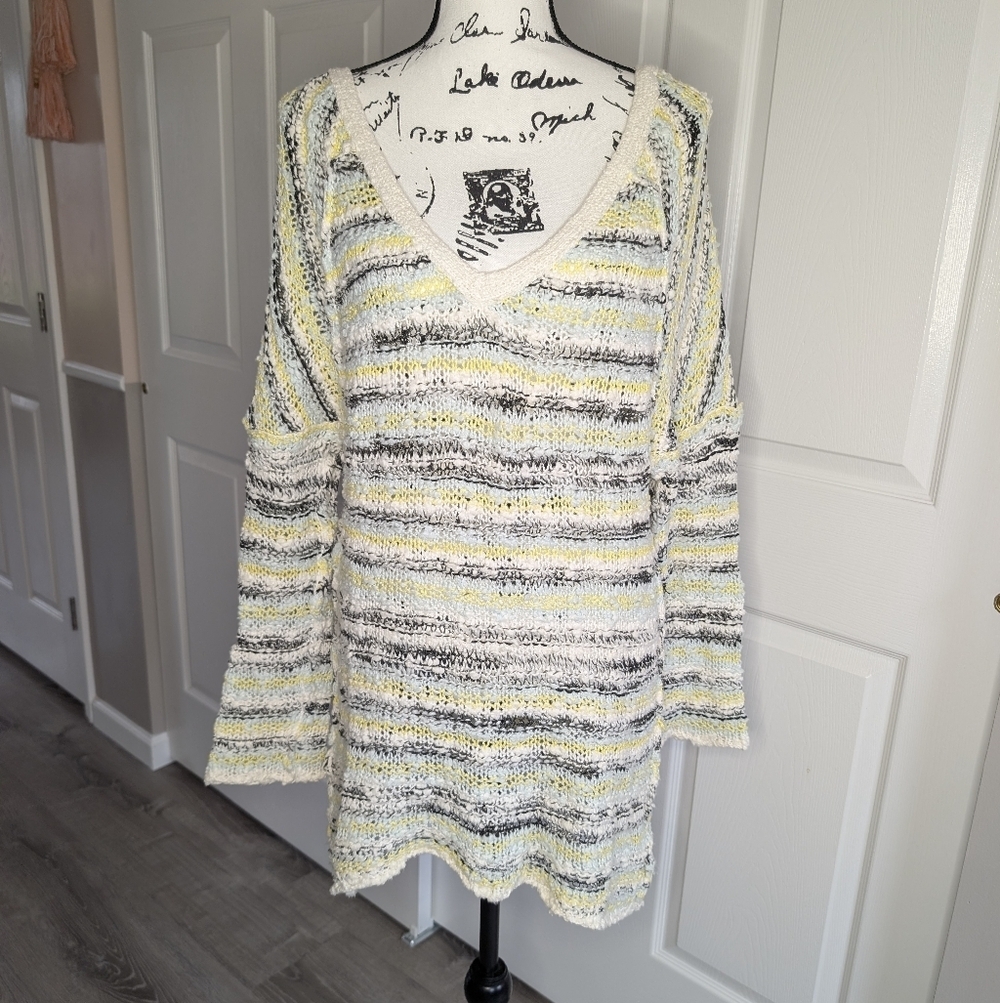 Free People Striped V-Neck Lightweight Knit Sweater in White, Gray & Yellow